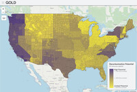a map of the contiguous usa shows high-probably regions in purple and low-probably regions in yellow.