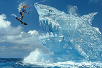 a person on a waterskiing board, high up in the air, is apparently trying to catch a giant ice megalodon with some fishing wire?