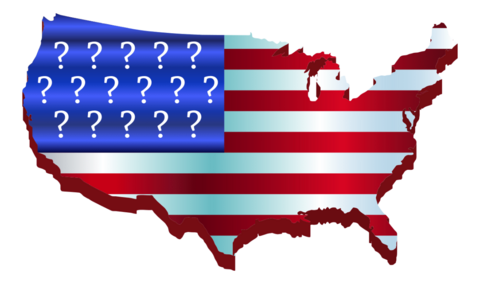 a map of the USA with the flag superimposed but questions marks instead of stars.