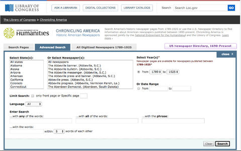 Screen shot from the Chronicling America web site
