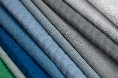 A series of rolls of textiles in a row, with shades of blue and some green.