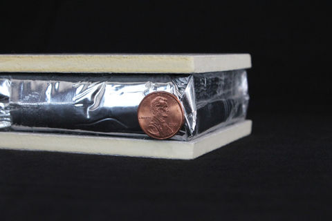 R-50 Insulation Systems Rich-E-Board uses vacuum insulation sandwiched between a coated, fiberglass-matted, high-density polyisocyanurate (polyiso) insulation to provides a minimum R-50  1.5"-thick panel.