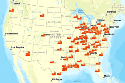 100 red dots show the location of factories located mostly in the Midwest. 