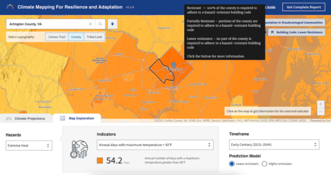 screenshot of a map in various shades of orange showing a high number of extreme-heat days in northern virginia and washington d.c. 